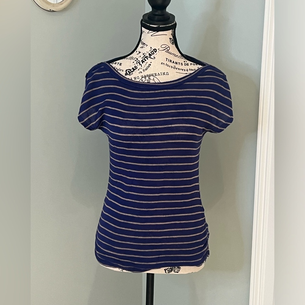 Edge Navy/Tan Boatneck Striped Short Sleeve M Sweater | Button Detail | Like New
